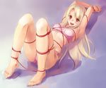  armpits barefoot bdsm bondage bound bound_wrists bra breasts covered_nipples fate/stay_night fate_(series) feet illyasviel_von_einzbern lingerie long_hair lying medium_breasts older on_back open_mouth panties red_eyes shibari solo tani teenage toes underwear underwear_only 