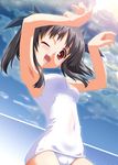  :d armpits black_hair caramelldansen day hair_ribbon happy one-piece_swimsuit one_eye_closed open_mouth original outdoors red_eyes ribbon school_swimsuit sky smile solo swimsuit twintails white_school_swimsuit white_swimsuit yamano_sachi 