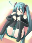  aqua_hair bad_id bad_pixiv_id blush cameltoe closed_eyes hatsune_miku long_hair microphone panties pantyshot pantyshot_(sitting) sitting sleeping solo striped striped_panties tdk thighhighs twintails underwear very_long_hair vocaloid 