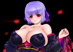  ayane_(doa) bare_shoulders black_background breasts chichi_kurage_ss collarbone covered_nipples dead_or_alive huge_breasts japanese_clothes long_sleeves looking_at_viewer nail_polish puffy_nipples purple_hair red_eyes red_nails short_hair solo source_request upper_body 