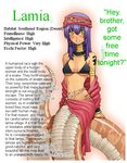  blush breasts character_profile copyright_request hard_translated lamia medium_breasts monster_girl okayado purple_hair scales shoulder_tattoo solo tattoo translated yellow_eyes 