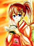  alternate_costume alternate_hairstyle cup japanese_clothes kimono lyrical_nanoha mahou_shoujo_lyrical_nanoha_strikers solo teacup yagami_hayate zinno 