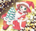  :d amami_haruka apron aqua_eyes arm_behind_head bad_id bad_pixiv_id boots brown_hair christmas dress hat idolmaster idolmaster_(classic) idolmaster_1 komi_zumiko looking_at_viewer open_mouth santa_boots santa_costume santa_hat smile solo star starry_background striped striped_legwear thighhighs 