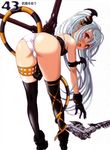  albino alice_(queen's_gate) armband ass bent_over blush eyeshadow fang from_behind gloves gun hair_ornament highres long_hair looking_back makeup nishii_(nitroplus) nitroplus open_mouth panties queen's_blade queen's_gate red_eyes solo tail thighhighs underwear weapon white_hair white_panties 