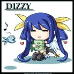  =_= asymmetrical_wings blue_hair bow chibi closed_eyes cup dizzy eighth_note guilty_gear hair_bow heart kaizeru musical_note ribbon smile solo tail tail_ribbon thighhighs twintails wings yunomi 