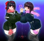  asymmetrical_docking bow breast_press breasts chichi_kurage_ss covered_nipples green_eyes holding_hands huge_breasts impossible_clothes interlocked_fingers multiple_girls nakoruru puffy_nipples red_bow red_eyes samurai_spirits school_uniform short_hair thighhighs 