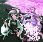  arm_garter bad_id bad_pixiv_id blue_eyes bug butterfly floating frills ghost hat headband hitodama holding holding_sword holding_weapon insect katana konpaku_youmu konpaku_youmu_(ghost) long_sleeves looking_at_viewer mob_cap multiple_girls outstretched_arms pink_eyes pink_hair saigyouji_yuyuko sheath sheathed short_hair silver_hair sword tadano_kagekichi touhou triangular_headpiece weapon 