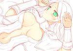  armor blush breasts center_opening creator green_eyes kinoshita_ichi large_breasts lying navel on_back partially_colored ragnarok_online sketch solo 