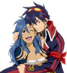  &gt;:) 1girl ;d arm_ribbon blue_hair breasts cleavage genderswap genderswap_(mtf) goggles goggles_on_head hair_between_eyes hetero hug kamina large_breasts long_hair long_sleeves manly matsukaze_yukiji non-web_source one_eye_closed open_mouth red_eyes red_ribbon ribbon sarashi shoulder_tattoo simon simple_background smile tattoo tengen_toppa_gurren_lagann time_paradox v-shaped_eyebrows white_background 