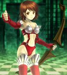  alternate_costume bare_shoulders boots bow_(weapon) brown_eyes brown_hair choker elbow_gloves fingerless_gloves gloves heart high-cut_armor highres mutsuki_(moonknives) panties persona persona_3 short_hair skinny smile solo suspenders takeba_yukari thigh_boots thighhighs thumbs_up underwear weapon 