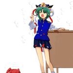  7c bow closed_eyes green_hair hair_bobbles hair_ornament hat leaning multiple_girls onozuka_komachi open_mouth pointing red_hair ribbon rod_of_remorse scolding shiki_eiki short_hair skirt touhou two_side_up 