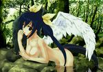  artist_request asymmetrical_wings blue_hair breasts dizzy forest guilty_gear nature nude ribbon solo tail tail_ribbon wings 