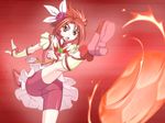  caryo cure_rouge earrings fingerless_gloves fire gloves jewelry magical_girl nanashino natsuki_rin precure red red_background red_eyes red_hair red_shorts ribbon shorts shorts_under_skirt solo spiked_hair yes!_precure_5 yes!_precure_5_gogo! 