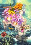  3girls blonde_hair bridge copyright_request dryad flower hanpen multiple_girls nature nude pink_hair plant_girl yellow_eyes 