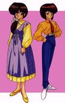  90s black_eyes brown_hair dress full_body hands_on_hips highres long_hair multiple_girls nakajima_atsuko necktie official_art pants pink_background ranma_1/2 scan shirt shoes short_hair siblings sisters smile standing tendou_kasumi tendou_nabiki 