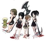  4shi axe barefoot blood copyright_request glasses mace multiple_girls one-piece_swimsuit ponytail school_swimsuit swimsuit weapon 