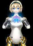  aegis_(persona) android blonde_hair blue_eyes bug butterfly glowing insect ouma_tokiichi persona persona_3 ribbon robot robot_joints short_hair simple_background solo 