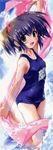  absurdres black_eyes blush breasts hair_ribbon highres komatsu_eiji long_image name_tag one-piece_swimsuit purple_hair ribbon school_swimsuit small_breasts solo stick_poster swimsuit tall_image thighs to_heart_2 twintails water yuzuhara_konomi 