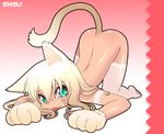  animal_ears blonde_hair cat_ears cat_paws cat_tail green_eyes no_panties original paws shisui solo tail thighhighs tongue top-down_bottom-up 