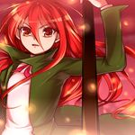  arm_up blurry brown_eyes eyebrows_visible_through_hair furrowed_eyebrows green_jacket hair_between_eyes hairu jacket long_hair long_sleeves looking_at_viewer open_clothes open_jacket open_mouth pink_ribbon red_background red_eyes red_hair ribbon shakugan_no_shana shana shiny shiny_hair shirt simple_background solo upper_body very_long_hair white_shirt 