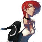  breasts choker cleavage collarbone evil_smile genderswap genderswap_(mtf) medium_breasts nekkeau red_hair shirt short_hair smile snk solo the_king_of_fighters upper_body white_background yagami_iori 