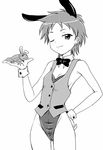  animal_ears aoyama_reo armpits bare_legs bow bowtie bunny_ears bunnysuit cameltoe choker earrings flat_chest frog fujisaki_mana greyscale hand_on_hip highleg holding jewelry kojirou monochrome one_eye_closed onegai_my_melody short_hair smile solo vest wrist_cuffs 