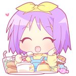 ^_^ cake candy chibi chocolate_bar closed_eyes drinking_straw eating food fruit glass heart hiiragi_tsukasa lucky_star mirai_(sugar) open_mouth plate pudding purple_hair simple_background slice_of_cake solo spoon strawberry strawberry_shortcake upper_body white_background 