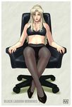  azasuke balalaika_(black_lagoon) black_lagoon black_legwear blonde_hair bra breasts burn_scar cleavage crotch_seam green_eyes highres large_breasts lingerie mole mole_under_eye panties panties_under_pantyhose pantyhose pantyshot scar scar_across_eye solo underwear underwear_only 