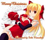  blonde_hair breasts christmas cleavage copyright_request elbow_gloves fingerless_gloves gloves hair_ribbon hat kinoshita_ichi long_hair medium_breasts no_panties red_eyes ribbon santa_costume smile solo text_focus thighhighs 