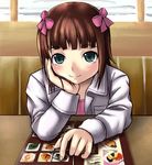  amami_haruka bench blush bow brown_hair chiko_(kanhogo) green_eyes idolmaster idolmaster_(classic) idolmaster_1 looking_at_viewer menu pink_bow pink_shirt shirt short_hair sitting solo table white_coat 