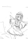  bakushiishi_at blush bow dress greyscale kiku_hitomoji lily_white long_hair monochrome open_eyes open_mouth sketch solo touhou wings 