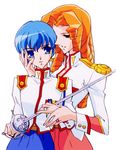  1girl 90s aiguillette arisugawa_juri blue_eyes blue_hair curly_hair jewelry kaoru_miki long_hair official_art orange_hair ring scan school_uniform shoujo_kakumei_utena sword weapon 