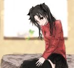  bed black_eyes black_hair bow fate/stay_night fate_(series) hair_bow koromoya_kai lens_flare long_hair sitting sketch solo thighhighs toosaka_rin turtleneck zettai_ryouiki 