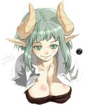  bad_id bad_pixiv_id breasts cleavage closed_mouth copyright_request demon_girl face green_eyes green_hair horns large_breasts open_clothes open_shirt pointy_ears shiba_itsuki shirt simple_background smile solo white_background 