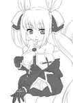  :p bow breasts cowboy_shot elbow_gloves gloves greyscale hair_bow hermmy kooh long_hair monochrome nipples pangya shirt_pull small_breasts solo tongue tongue_out twintails white_background 