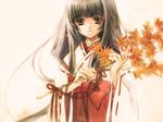  black_hair brown_eyes hakama japanese_clothes kuramoto_kaya leaf long_hair miko original red_hakama solo 