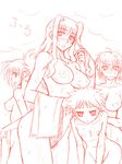  blush breasts embarrassed holding holding_towel ichimedoo large_breasts looking_at_viewer lyrical_nanoha mahou_shoujo_lyrical_nanoha_strikers monochrome multiple_girls nipples nove_(nanoha) nude numbers_(nanoha) otto_(nanoha) towel uno_(nanoha) wendi_(nanoha) 