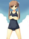  artist_request black_school_swimsuit blush breasts brown_eyes brown_hair cloud copyright_request crossed_arms large_breasts one-piece_swimsuit pee peeing peeing_self school_swimsuit solo standing swimsuit twintails 