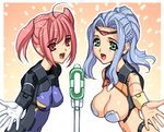  blue_hair breasts busou_shinki cleavage doll_joints eukrante green_eyes ianeira large_breasts long_hair magaki_ryouta microphone microphone_stand multiple_girls red_eyes red_hair 