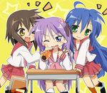  :3 anger_vein annoyed blue_hair brown_hair chocolate_cornet desk eating fang food green_eyes hiiragi_kagami ixy izumi_konata kusakabe_misao lavender_eyes lavender_hair long_hair lucky_star mole mole_under_eye multiple_girls pink_neckwear ryouou_school_uniform school_uniform serafuku short_hair sitting smile twintails very_long_hair wince yellow_eyes 