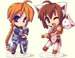  animal_ears armor bike_shorts_girl_(tomoshibi_hidekazu) blonde_hair braid brown_hair cat_ears chibi faux_figurine figure girl_with_a_blonde_braid_(tomoshibi_hidekazu) imageboard_colors lowres multiple_girls nendoroid oekaki original staff sword tail tomoshibi_hidekazu weapon 