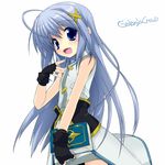  :d ahoge black_gloves blue_eyes blush book book_of_the_azure_sky gloves gotou_nao hair_ornament holding holding_book long_hair looking_at_viewer lyrical_nanoha magical_girl mahou_shoujo_lyrical_nanoha_strikers open_mouth reinforce_zwei silver_hair smile solo tareme very_long_hair x_hair_ornament 