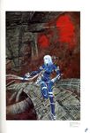  1girl :o blame! blue_bodysuit bodysuit cable cibo full_body highres industrial_pipe looking_to_the_side megastructure nihei_tsutomu open_mouth photoshop_(medium) ruins running short_hair silver_hair skin_tight solo yellow_eyes 