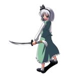  black_hairband bobby_socks dress full_body green_dress hair_ribbon hairband holding holding_sword holding_weapon konpaku_youmu legs_apart loafers long_sleeves ribbon shoes short_hair silver_hair simple_background socks solo standing subaru_noji sword tassel touhou unsheathed weapon white_background white_legwear 