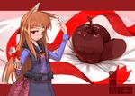  animal_ears apple bad_id bad_pixiv_id brown_hair chocolate food fruit gift holding holding_gift holo long_hair red_eyes solo spice_and_wolf totoya_yuu wallpaper wolf_ears 