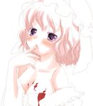  bad_id bad_pixiv_id bare_shoulders blonde_hair blood blood_splatter breasts cleavage collarbone dress hat medium_breasts mob_cap purple_eyes saigyouji_yuyuko sakurai_yuyu short_hair simple_background solo tasting touhou white white_background white_dress white_hat 