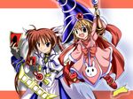  alternate_weapon card_ejector duel_disk duel_monster lyrical_nanoha magical_girl mahou_shoujo_lyrical_nanoha_strikers multiple_girls parody raising_heart takamachi_nanoha twintails vivio weapon yuu-gi-ou yuu-gi-ou_duel_monsters 