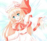  :d blonde_hair bow bowtie capelet green_eyes hat lily_white long_sleeves looking_at_viewer open_mouth red_bow red_neckwear shirotsuki_kouta sidelocks smile solo tate_eboshi touhou upper_body 