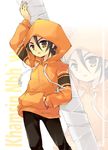  brown_eyes brown_hair hair_between_eyes hand_in_pocket hood hoodie khamsin_nbh'w long_sleeves looking_at_viewer male_focus pants shakugan_no_shana solo standing tachitsu_teto zoom_layer 