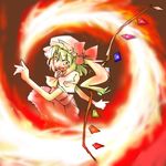  arnest blonde_hair collar crystal demon_wings dress fire flame flandre_scarlet frills hat looking_at_viewer mob_cap one_side_up puffy_short_sleeves puffy_sleeves red_dress red_eyes short_hair short_sleeves solo touhou vampire wings 